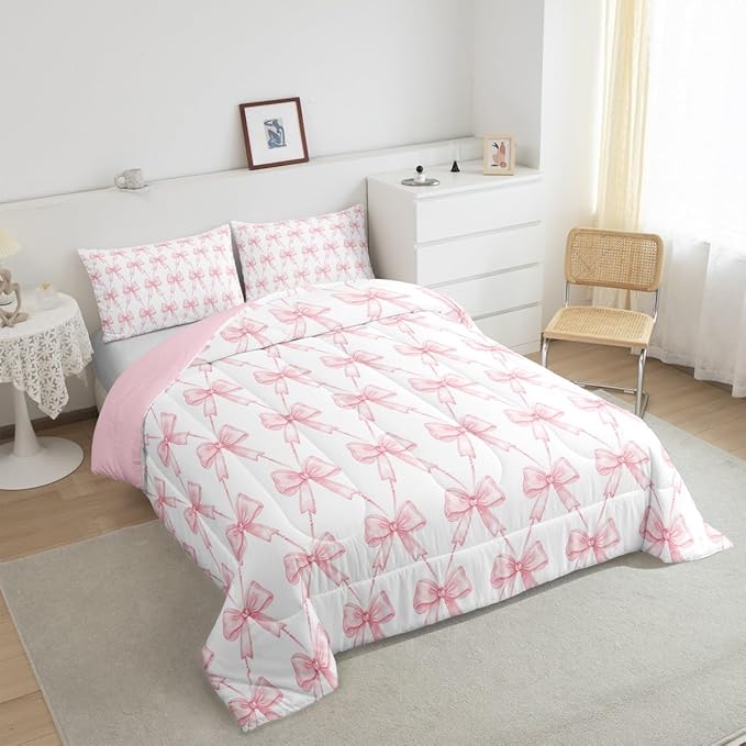 Feelyou Pink Bow Queen Bedding Set for Girls, Pink Bow Comforter Set for Kids, Cute Bowknot Girls Comforter Kawaii Dreamy Princess Style Room Decor, 2 Pillowcases
