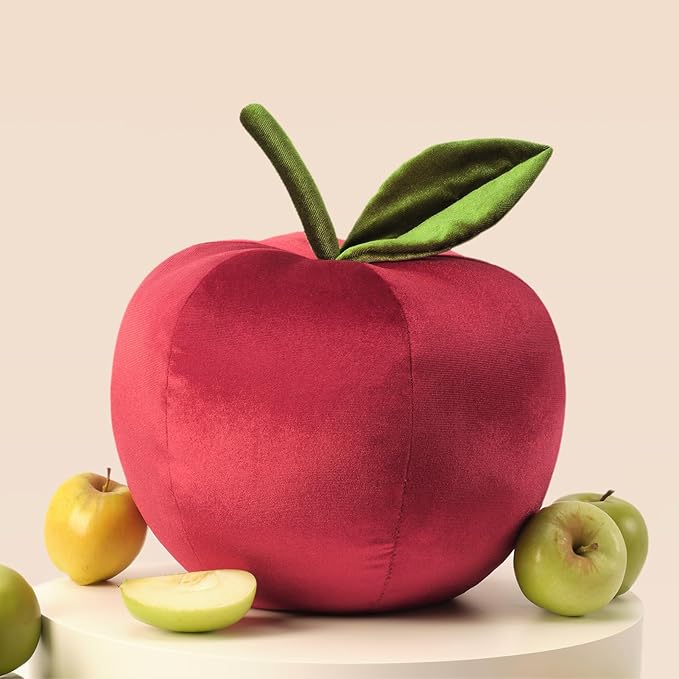 Ashler Apple Pillow, Fruit Shaped Pillows, Apple Shaped Luxury Velvet Throw Pillow, Cute Apple Cushion, Fun Home Decor for Sofa, Chair, Bedroom, Red, 11x9.5IN