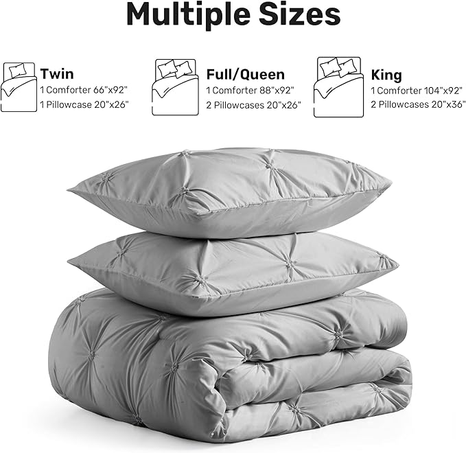 UNIKOME Queen Comforter Set Gray/Light Gray - Ultra Soft Boho Pintuck Down Alternative Bedding Set for All Seasons, 3 Pieces Lightweight Warm Pinch Pleat Bed Set with Comforter, 2 Pillowcases