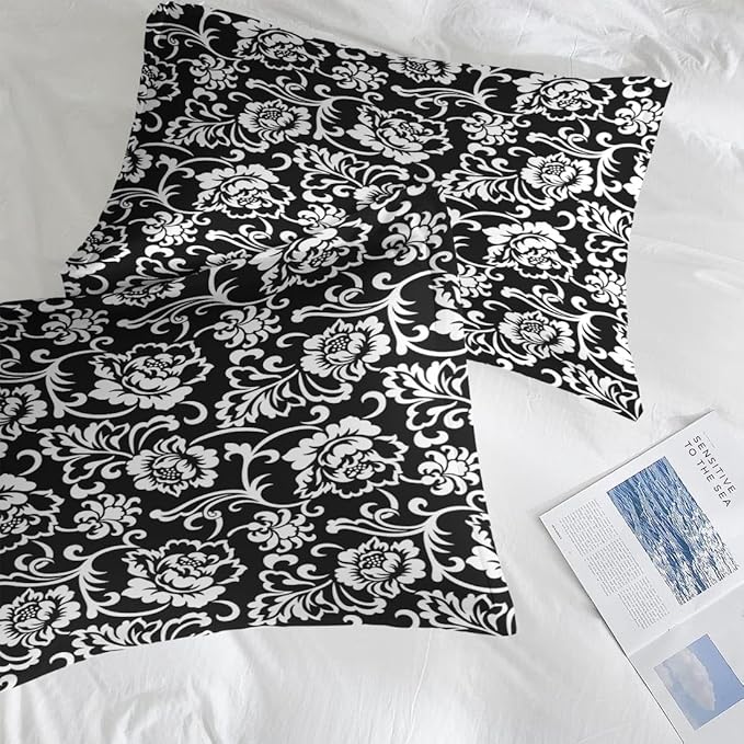 Comforter Set Queen Size, Vintage Floral Flower 7 Pcs Bedding for Kids and Adults, Black and White Bed Sheet Sets with Fitted Sheet 2 Pillowcases & 2 Shams for Bedroom Bed Decor