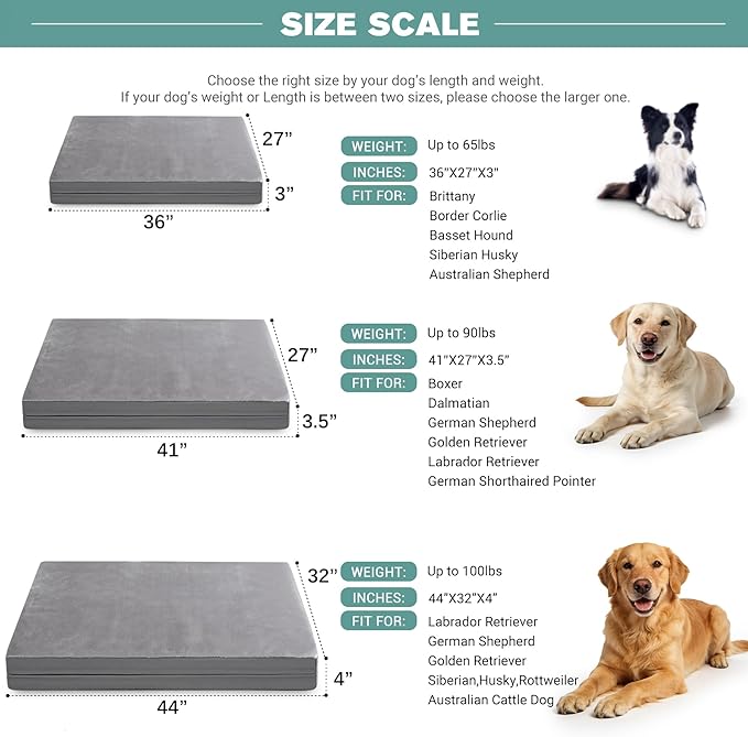 Extra Large Dog Bed Waterproof, XL Pet Beds Washable 44 inch, Orthopedic Foam Sleeping Pad with Removable Cover Reversible Anti-Slip 44"x32", Grey