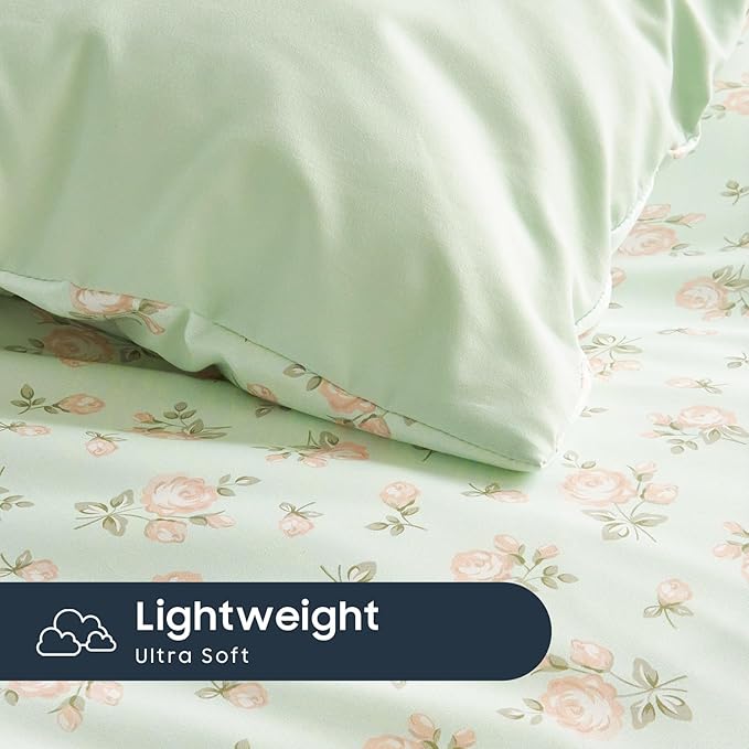 Wake In Cloud - Floral Comforter Set, Coquette Cottagecore Aesthetic Flower Shabby Chic Pattern for Women Teen Girls, Soft Lightweight Bedding, 3 Pieces, Green Pink, Twin/Twin XL Size