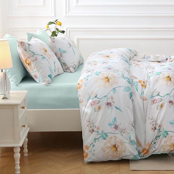 MUXHOMO Green Branch Bed in a Bag Queen 7 Pieces, Queen Comforter Set Reversible Botanical Flowers Design, Ultra Soft & Breathable Bedding Sets with Comforter, Sheets, Pillowcases & Shams