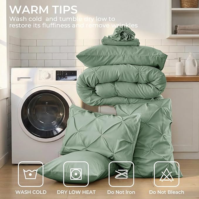 Sasttie California King Comforter Set, 7-Piece Bed in a Bag Cal King, Pintuck Bedding Set for All Season, Includes Comforter, Flat Sheet, Fitted Sheet, Pillowcases and Pillowshams, Sage Green