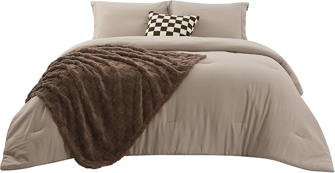 Bedsure Comforter Queen Size 5 Pieces - Queen Size Comforter Set with Checkered Throw Blanket and Decorative Pillow, Lightweiget Bedding, All Season Bedding Sets, Light Camel