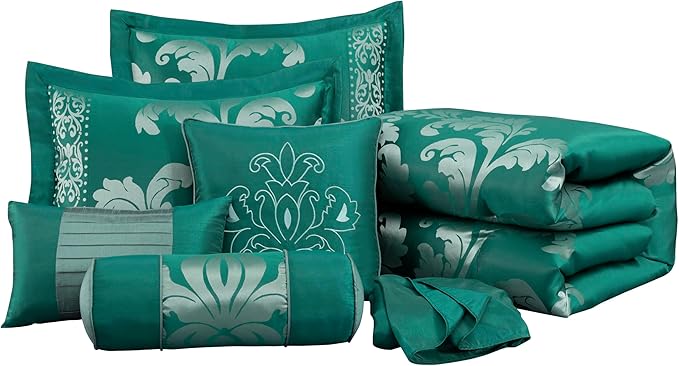 Chezmoi Collection 7-Piece Jacquard Floral Comforter Set (Queen, Green/Silver)