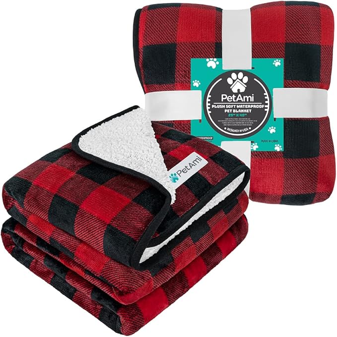 PetAmi Waterproof Dog Blanket for Small Medium Dogs, Pee Proof Pet Blanket for Couch Bed, Reversible Water Proof Blanket for Puppy Indoor Cat, Soft Dog Fleece Blankets Washable, 29x40 Checkered Red