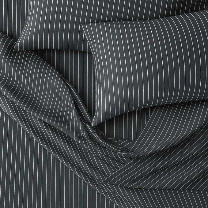Peru Pima 415 Thread Count Percal California King Sheet Set - 100% Peruvian Pima Cotton, 4 Piece (Flat, Fitted, 2 Pillowcases) - Cooling, Deep Pocket, Hotel Quality Bedding - Pinstripe Grey