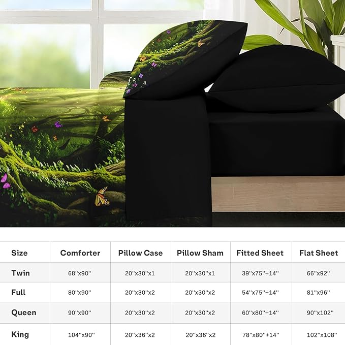Nesker 5 Pcs Spring Comforter Set Twin Size, Green Forest Path Bedding Set for Kids and Adults, Magical Butterfly Nature Bed Sheet Sets with Fitted Sheet Pillowcase & Sham