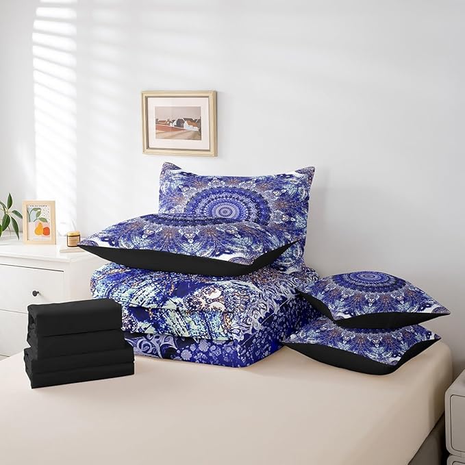 Erosebridal Oriental Medallion Bed in a Bag Vintage Mandala Bedding Set, Persion Floral Queen Comforter Set 7-Piece Abstract Flower Bedding Comforter Sets Girls Aesthetic Bed Sheets Set