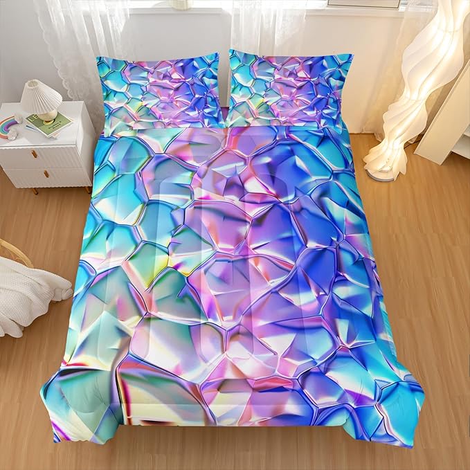 Purple and Blue Abstract Art Comforter Modern Abstract Comforter Set,Laser Gradient Bedding Set King Size,Mordern Art Decor All Season Lightweight Soft Microfiber with 2 Pillow Shams