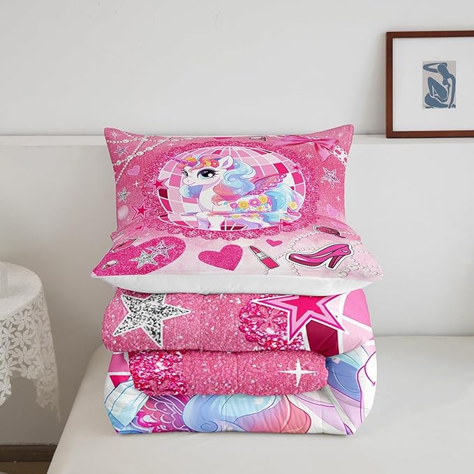 Cartoon Unicorn Kids Comforter Set Queen Size,Bowknot High-heeled Shoes Lip Romantic Bedding Set,Girls Women Room Decor,Stars Sparkling Princess Down Comforter,Pink Cute Duvet Insert,2 Pillowcases