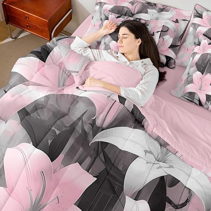 Feelyou Girls Lily Flower Comforter Set with Sheets Queen Size 7 Pieces Kids Butterfly Floral Bedding Set for Boys Women Teens Pink Black Simple Modern Abstract Art Bed in a Bag Room Decor