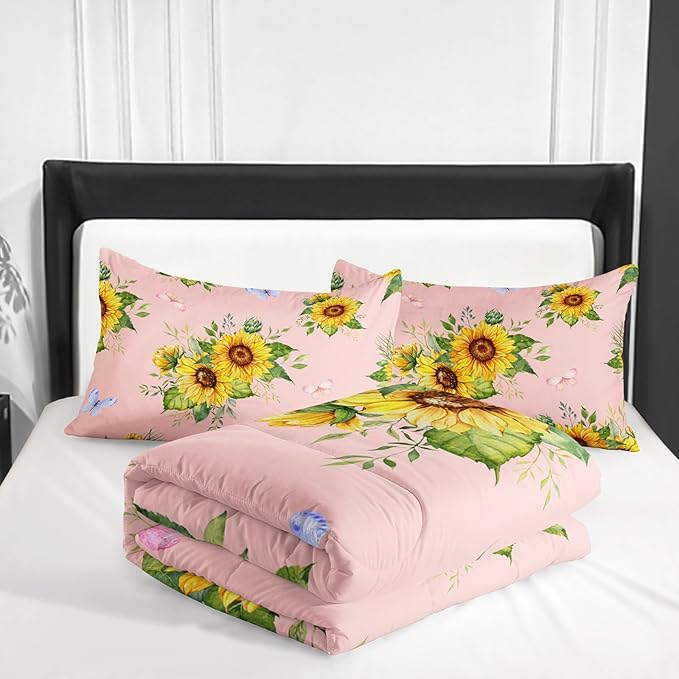 Sunflower Pink Comforter Set Twin Size for Women Adults,3 Piece Butterfly Floral Bedding Set,Microfiber Quilts with 2 Shams Soft Lightweight Quilt Room Decor,Pink