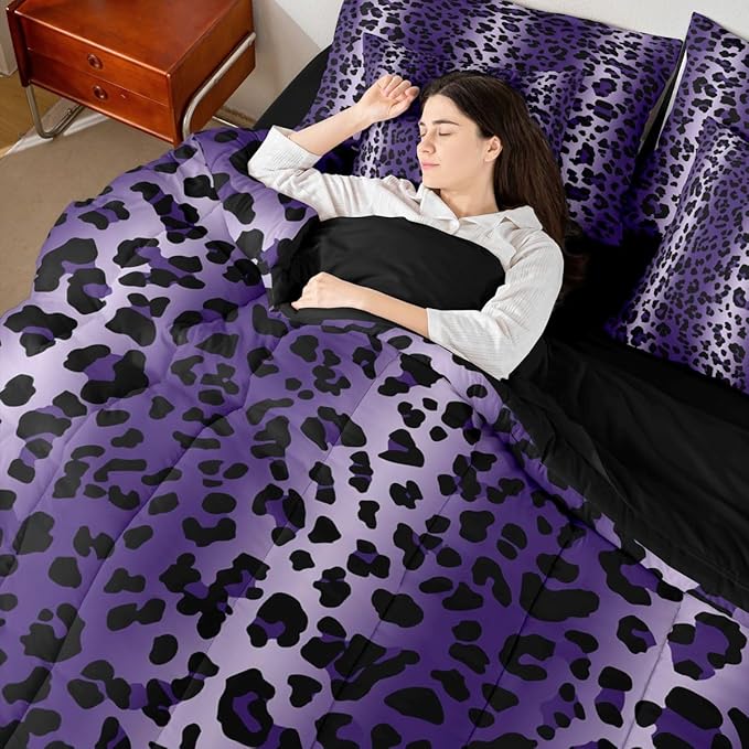 Erosebridal Purple Ombre Leopard Print Women 7 Piece Bedding Set Twin | Animal Skin Pattern Comforter Set with Sheets Cheetah Gradient Fur Bed in A Bag Men Adults Bed Sets