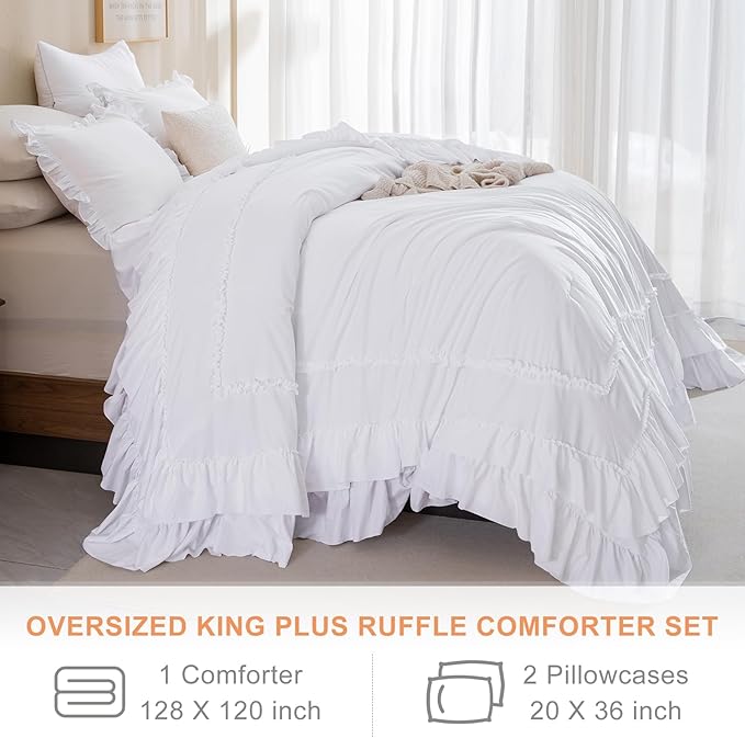 QSH Farmhouse Ruffled Oversized King Comforter 128x120,3PCs Bright White Shabby Boho Chic French Country Bedding Comforter Set California King Bed Comforter Lightweight Soft Microfiber Rustic Bedding