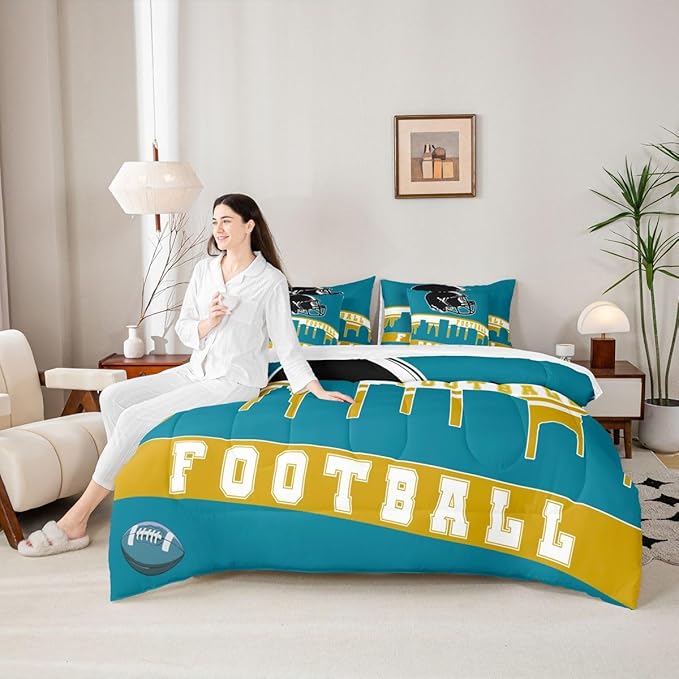 Erosebridal Football 7 Pcs Comforter Set King Football City Bedding for Kids Teal Football Fans Sheet Set Bed in A Bag Rugby Game Bedroom Decor Sports Ball Competition Bed Set