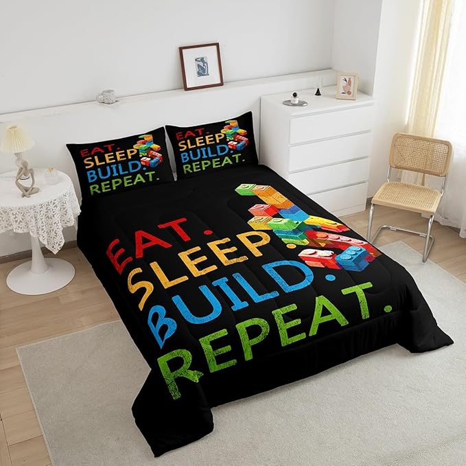 Feelyou Colorful Toy Bedding Set Teen Women Men Funny Building Blocks Decoration Comforter Set King Size Kids Boys Girls Cute Games Duvet Insert Colorful Geometric Brick Room Decor