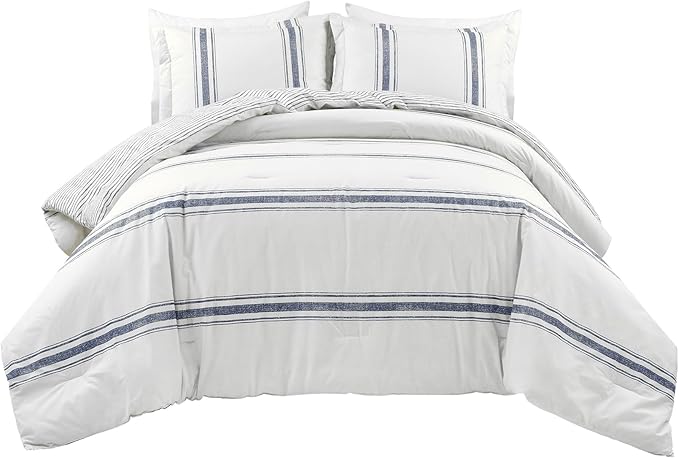 Lush Decor Farmhouse Stripe Reversible Cotton Comforter Set, 3 Piece Set, King, Navy - Cozy Farmhouse Bedding Set - Rustic Decor - Striped Comforter - Modern Farmhouse Bedroom Decor