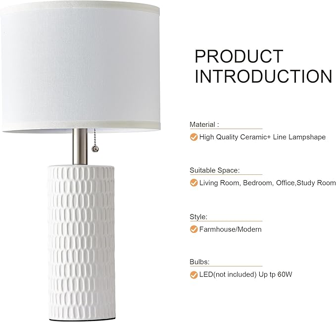 20" Small Bedside Table Lamps for Bedroom Set of 2, Modern Lamps for Night Stands, Farmhouse Table Lamps for Living Room, Home Office and Hallways,White