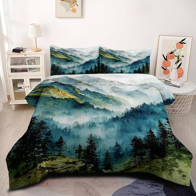 Blue Comforter Set Queen Size Abstract Watercolor Forest Marble Bedding Set Modern Aesthetic Bedding Sets Soft Down Alternative Comforter Sets with 2 Pillowcases