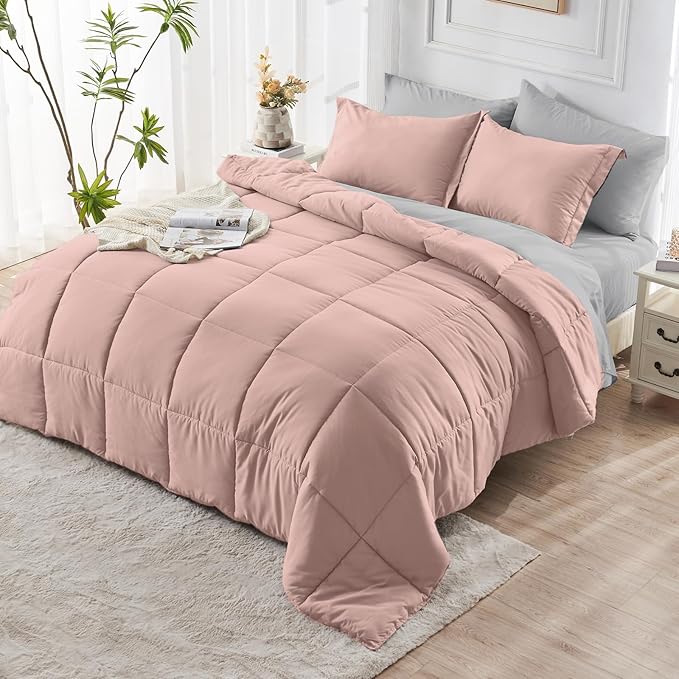 JOLLYVOGUE Full Comforter Set, Ultra-Soft Bed in a Bag Full Size 7 Pieces, Oeko-TEX Certified Bedding Set with Down Alternative Comforter, Sheets, Pillowcases & Shams, Pink & Light Grey