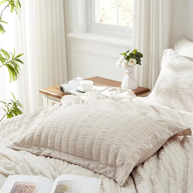 Zzlpp Beige King Comforter Set 7 Pieces, Seersucker Bed in a Bag with Sheets, All Season Bedding Sets with 1 Comforter, 2 Pillow Shams, 2 Pillowcases, 1 Flat Sheet, 1 Fitted Sheet