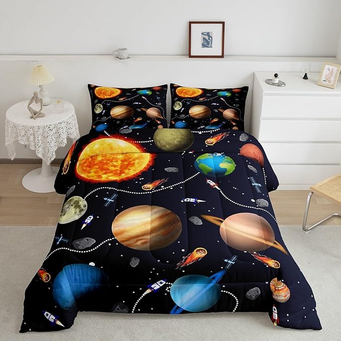 Erosebridal Solar System Comforter Set Full,Astronomy Planets Bedding Set All Season for Kids Boys Girls,Outer Space Theme Down Comforter Warm,Rocket Starry Sky Quilted Duvet with 2 Pillowcases