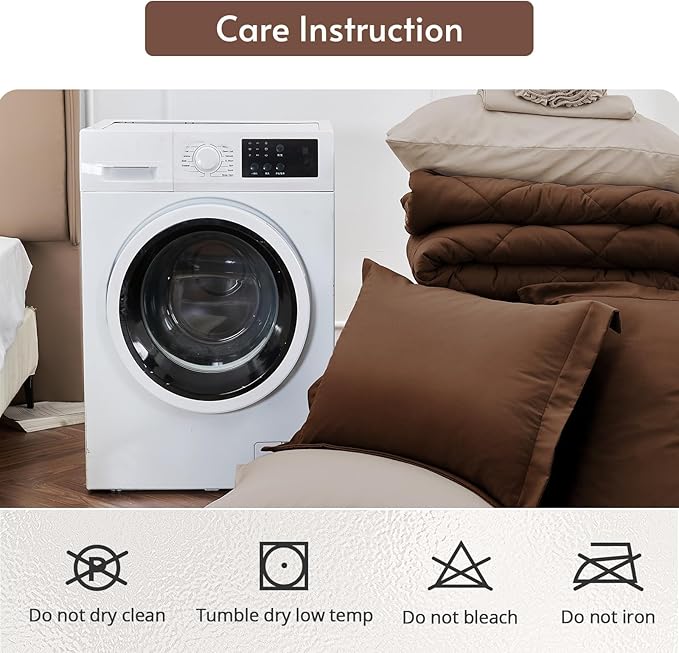 MUXHOMO 7 Pieces King Comforter Set, Reversible Bed in a Bag King Size, All Season Bedding Set with Comforter, Flat Sheet, Fitted Sheet, Pillowcases & Shams, Brown & Khaki