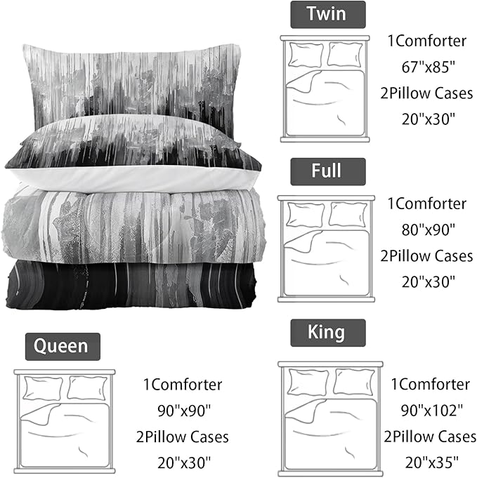 Grey Black White Gradient Print Comforter Set Full Size,Abstract Art Bedding Set,Patchwork Printed Quilted Set for Teens Adult,with 1 Comforter and 2 Pillow Case
