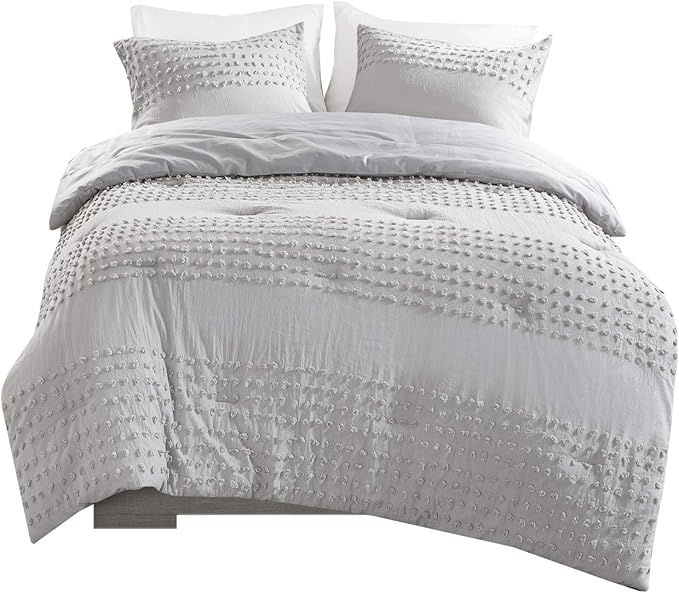 Comfort Spaces Cotton Comforter Set Jacquard Pom-Pom Tufts Design, Down Alternative, All Season Modern Bedding, Matching Shams, Twin/Twin XL, Grey 3 Piece