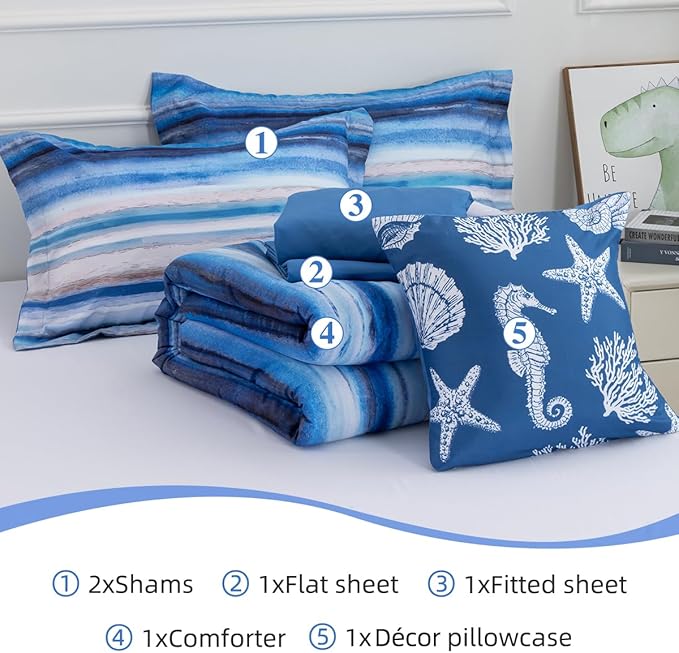 Holawakaka All-Season 6-Piece Nautical Bedding Set King – Complete Beach Stripe Comforter Set with Sheets & Shams