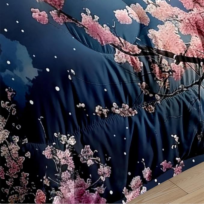 Cherry Blossom Comforter Set Full Size,3 Pcs Soft Japanese Bedding Set for Girls,Hoilday Decor Down Alternative Comforter with 2 Pillowcases/79 * 90
