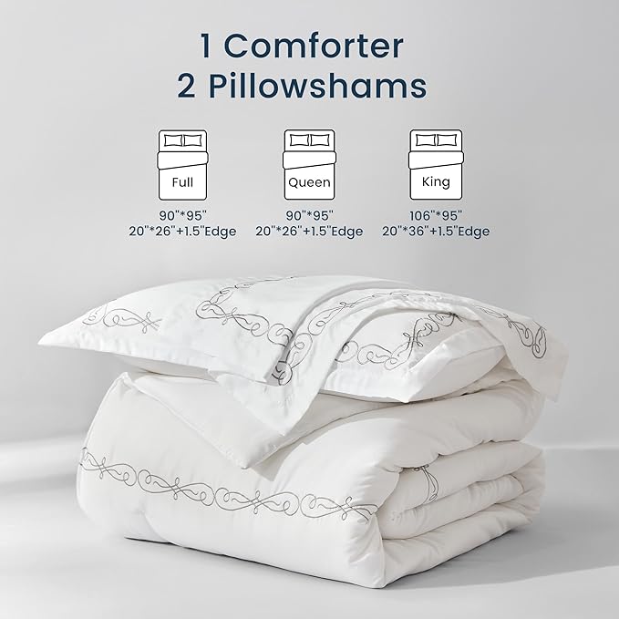 SLEEP ZONE Fall King Comforter Set, Luxury Hotel Collection Comforter, 3 Pieces Fluffy Lightweight Down Alternative Duvet Insert with Embroidered Stripes (Elegant Scroll, King)