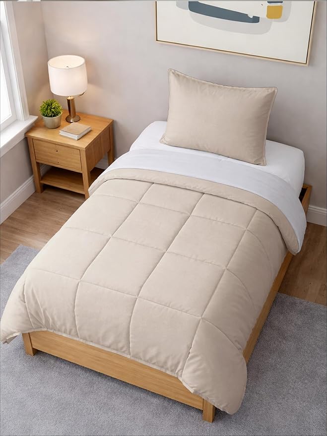 Twin Comforter Set - 2 Piece Bed Set for All Seasons - 1 Soft Quilted Comforter with Corner Tabs & 1 Pillow Sham - Comfy, Cozy & Breathable - Premium Down Duvet Insert - Oeko-TEX - Twin Size, Wheat