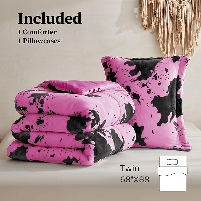 Petrichor Velvet Flannel Twin Comforter Set-Cow Print Western Style Blanket,Luxury Fuzzy Heavy Bedding Set, 2 Pieces Plush Winter Bed Set with Comforter (68"x88") & 1 Pillow Shams (20"x26")