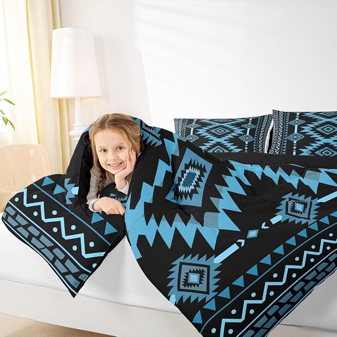 Feelyou Blue Black Southwestern Comforter Set Tribal Native American Indian Bedding Set Toddler Size Farmhouse Western Room Decor Duvet Quilt