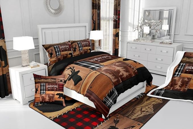 Feelyou Bear Deer Bedding Set Soft for Boys Girls, Wildlife Hunting Comforter Set Twin Size Rustic Cabin Duvet Quilt Microfiber Farmhouse Bedroom Decor 2 Pcs with 1 Pillow Cases