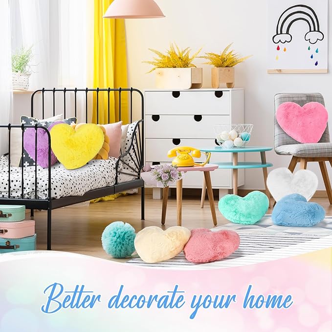 9 Pcs Pastel Colors Easter Heart Pillow Faux Rabbit Fur Fluffy Love Heart Throw Pillows Cute Decorative Soft Throw Cushion Gift for Women Couch Bed Sofa Chair Home 11 in