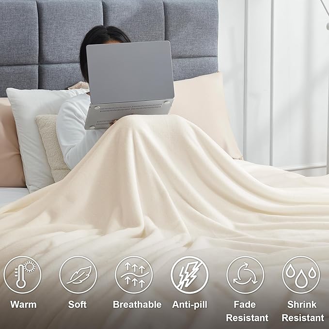 Hansleep Fleece Blanket for Couch Beige, Super Soft Flannel Fuzzy Plush Cozy Blanket for All Seasons, Beige, Throw 50x60 Inches