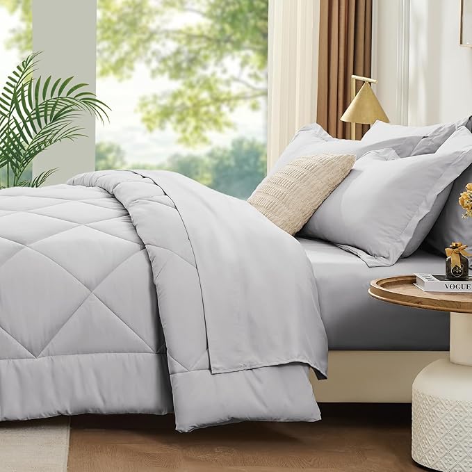 FUANNA 7 Pieces King Size Comforter Set, All Season Bed in a Bag King Size, Luxury Soft Bedding Sets with Comforter, Flat Sheet, Fitted Sheet, Pillowcases & Pillow Shams, Light Grey