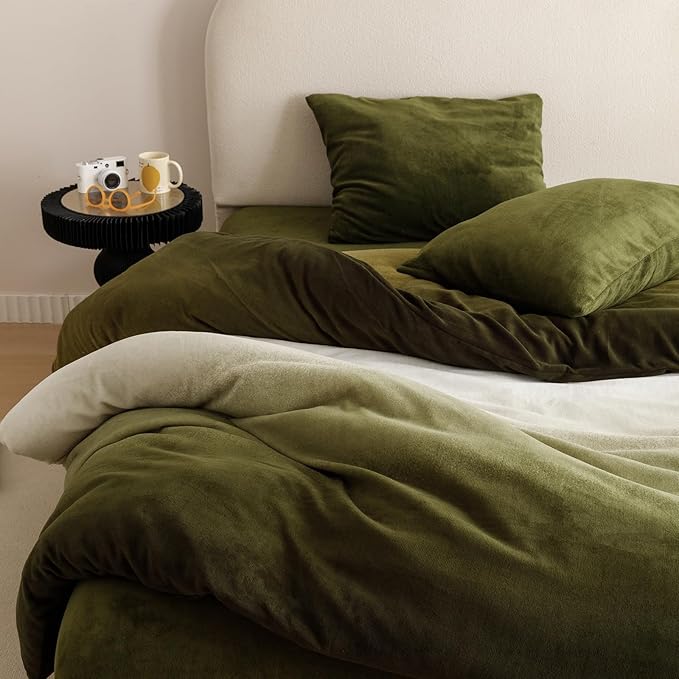 Cottonight Velvet Fluffy Comforter Full Dark Green Gradient Plush Flannel Bedding Set Women Men Thick Warm Winter Blanket Quilts Sherpa Micromink Ink Color Plush Fashion Bedding