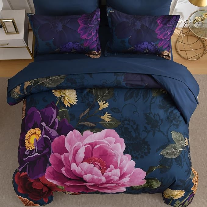 WONGS BEDDING Blue Comforter Set King Size, 7 Pieces Floral Bed in a Bag Set, Navy Blue and Pink Flower Bedding Set, Soft Microfiber for All Season with Pillowcases & Shams,Sheets(90"×104")
