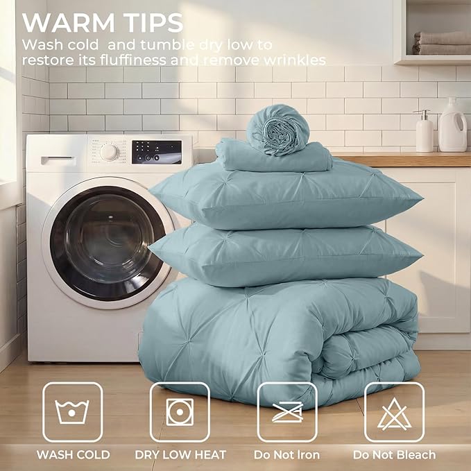 Sasttie Twin XL Comforter Set, 5-Piece Bed in a Bag, Pintuck Bedding Sets for All Season, Includes Comforter, Flat Sheet, Fitted Sheet, Pillowcase and Pillowsham, Greylish Blue