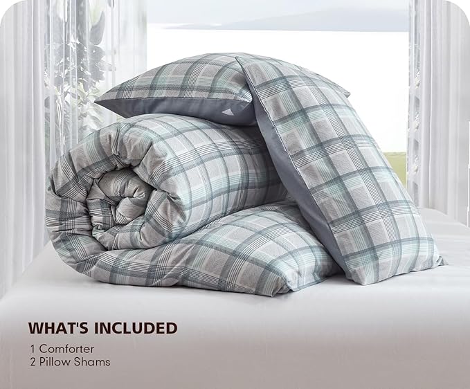 SLEEPBELLA Comforter Queen Size, 600 Thread Count Cotton Reversible Grey Buffalo Pattern Grey Plaid Comforter Sets,Down Alternative Bedding Set 3Pcs (Queen, Grey Plaid)