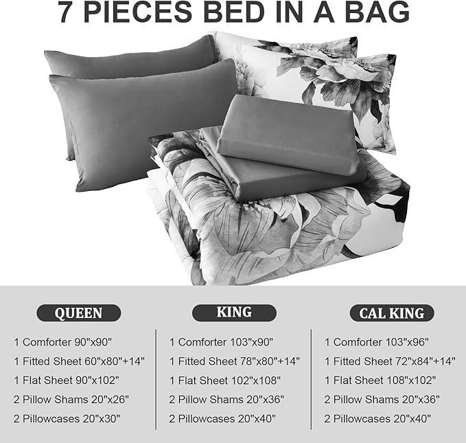Dobuyly California King Comforter Set 7 Piece Bed in a Bag, Grey Floral Printed on White Comforter Set with Sheets, Soft Microfiber Botanical Cal King Bedding Set for All Season