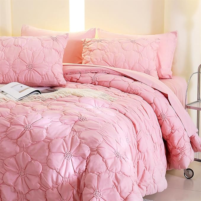 Pink Pinch Pleat Comforter Set King Size-7 Pieces Bedding Comforter Bed in A Bag-Lightweight Microfiber Bedding Set with Comforter,Fitted Sheet,Flat Sheet and Pillow Shams-104 x90