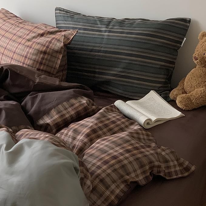 Nayoroom Plaid Comforter Set Queen Size Vintage Brown Patchwork Checkered Comforter 3 Pieces Soft Lightweight Farmhouse Dorm Bedding Set for All Seasons