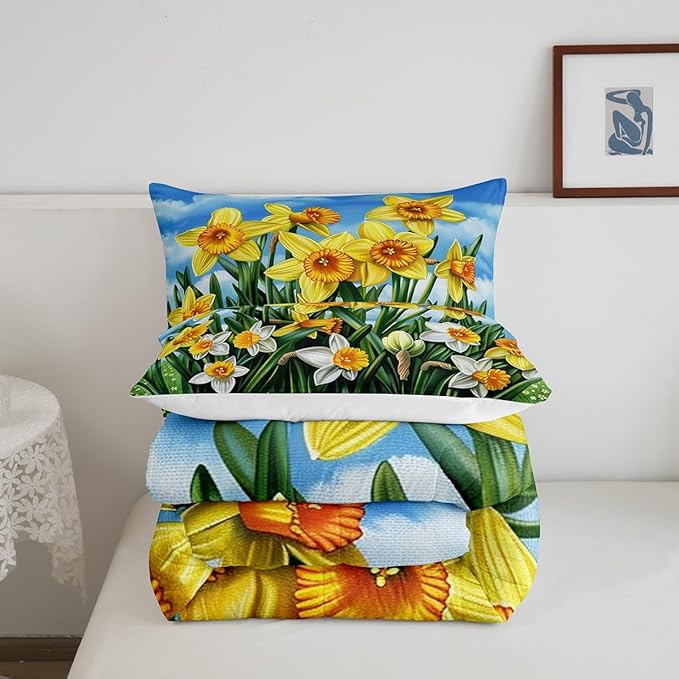 Erosebridal Rustic Flowers Bedding Set for Girls Women,Blossom Daffodil Floral Bedding Comforter Sets Queen Country Farmhouse Comforter Set,Pastoral Green Leaf Quilt Duvet Spring Home Decor