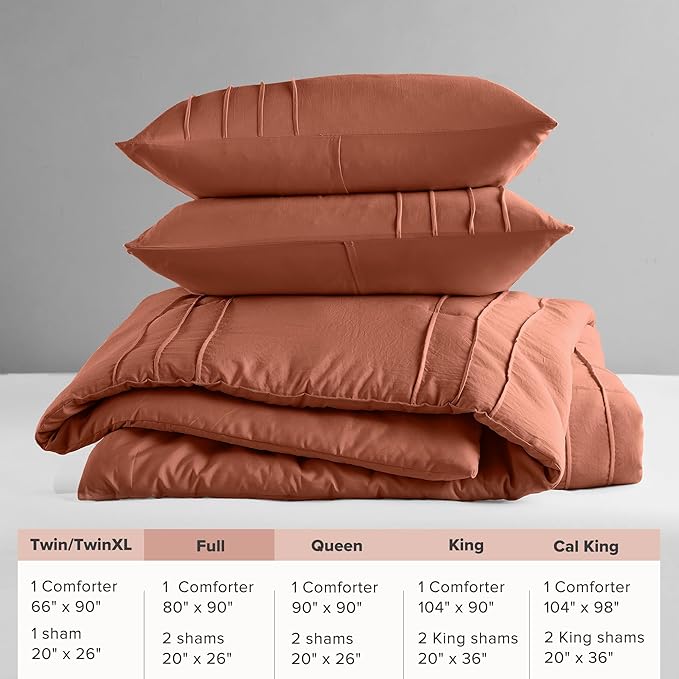 Comfort Spaces Clay Full Size Comforter Set - 3 Pieces Pintuck Pleated Bedding Sets, All Season Lightweight, Extra Softness Pre-Washed Microfiber Full Bed Set, Shams, Full